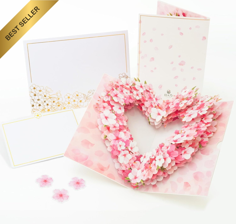 3D Pop-Up Sakura Heart Card with Slide-Out Message Note – Handcrafted Floral Des