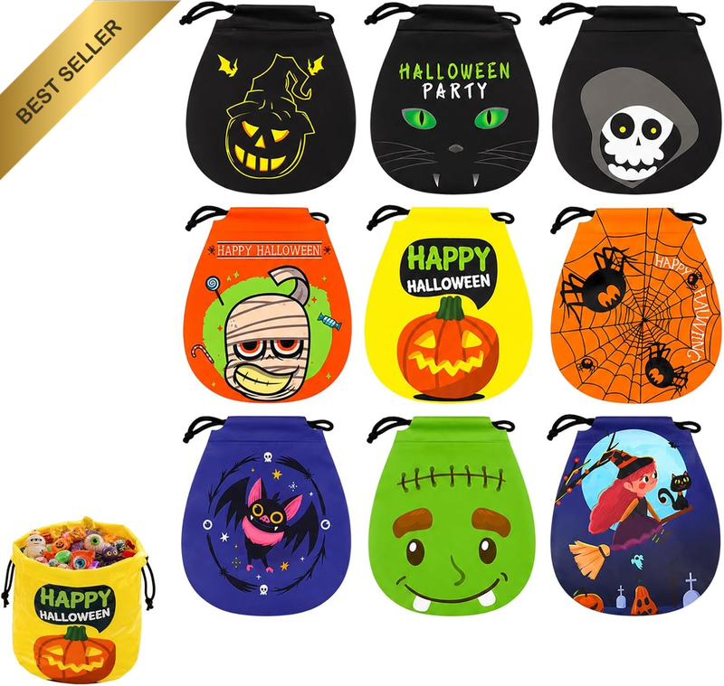 54Pcs Halloween Drawstring Goody Bags, Treat Bags with 9 Unique Designs, Reusabl