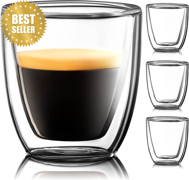 Glass Espresso Cups Set of 4 - Double Walled 2.7 OZ Wide Italian Style Clear Dop