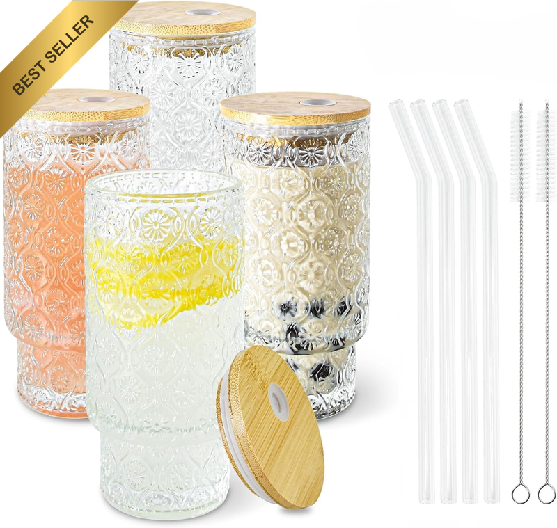 12Oz Embossed Glass Cups with Lids and Straws Pack of 4, Vintage Glassware for W