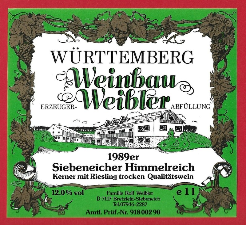 D70 Etiquette Label Weinetikett Wuttemberg 1989 Siebeneicher Himmelreich Weibler