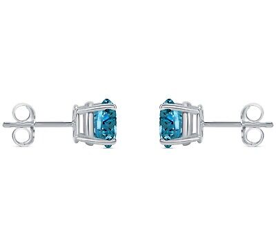 Pre-owned Shine Brite With A Diamond 1.75 Ct Round Cut Blue Earrings Studs Solid 18k White Gold Push Back Basket