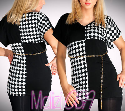 Maglia Donna Scacchi Nero Bianco Quadretti Cinta Blusa Maglietta Jersey Viscosa