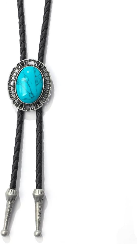 Western Cowboy Bolo Tie Men Leather Necktie Leather Cord Turquoise Stone Bolo 