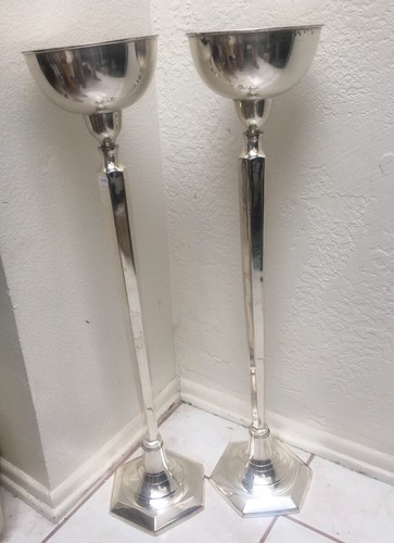 Pair of Wedding Flower Stands Silver Plate Bowl Altar Candle Holder 30”