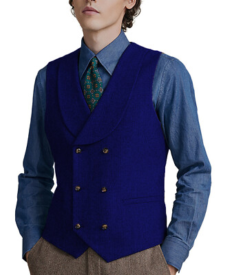 Shawl lapel Waistcoats Mens Double-breasted Tweed Vests Herringbone Wedding Wool