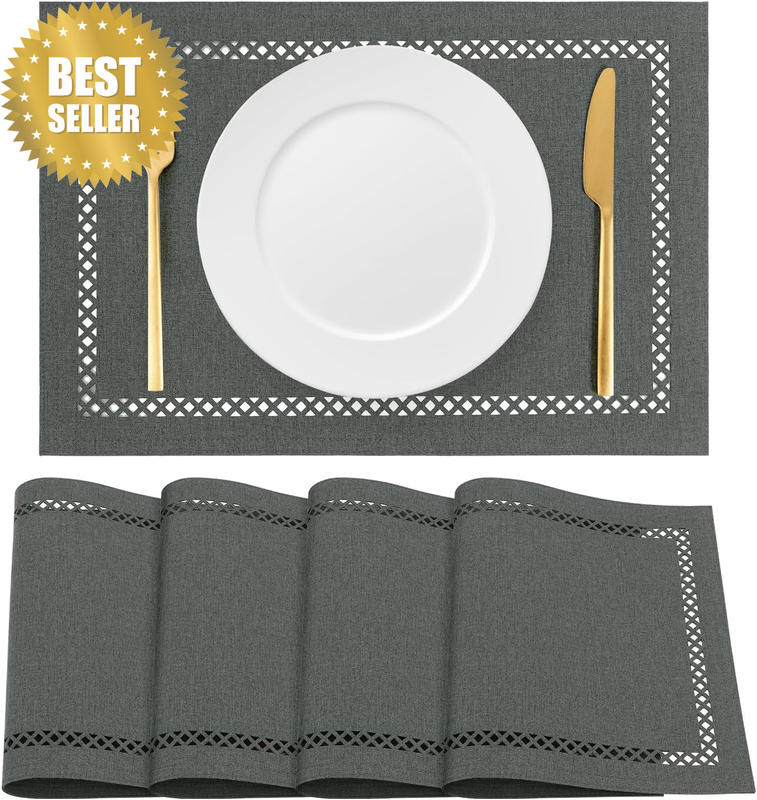 Burlap Placemats Set of 4, 12 X 18 Inch Rustic Geometric Hollow Place Mats, Wash
