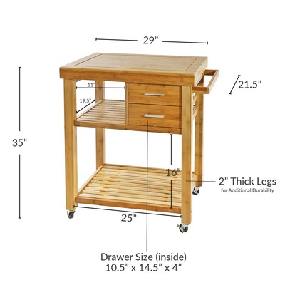 Rolling Bamboo Kitchen Island Cart Food Prep Trolley, with Towel Rack Drawers