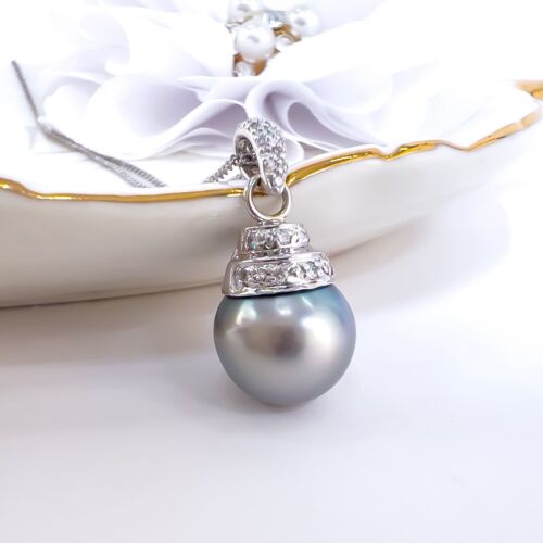 Solid 14k White Gold Genuine Tahitian Pearl (10.6mm) & Diamond Pendant, New - Picture 3 of 12