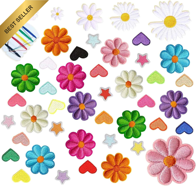 47 PCS Iron on Patches for Clothing, Embroidered Daisy, Star, Heart Applique Set