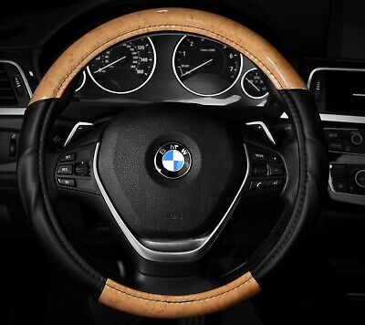 Light Wood Grain Steering Wheel Cover Black and Wood Grain Fits 14.5'' - 15.5''