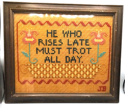 Vtg Dutch Pennsylvania Cross Stitch on Cane Strips Ben Franklin Quote Framed