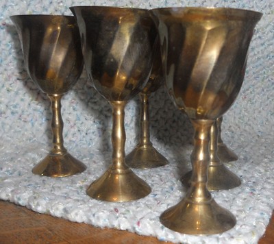 Set of 6 golden brass chalice cups: Charmingly tarnished 3.5-inch swirled brass