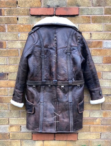 Pre-owned Vintage Battle Fallout Coat Cosplay Costume Trench Overcoat, Real Fur Collar 100% Leath In Brown