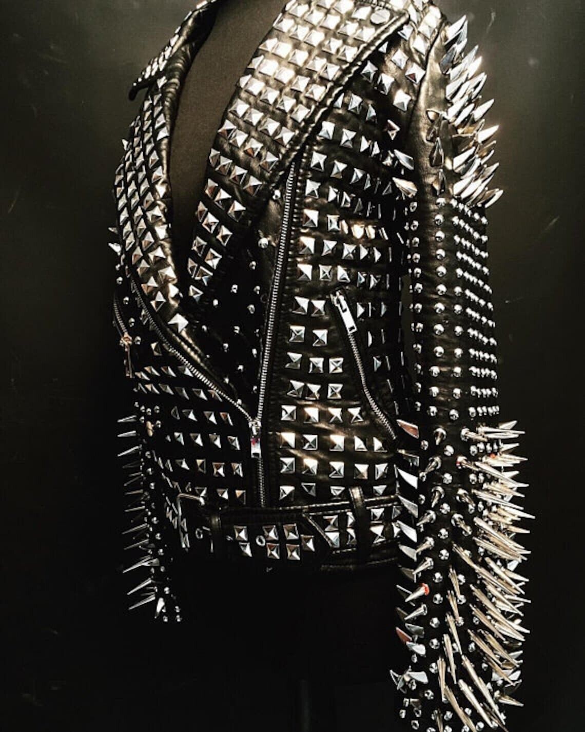 Pre-owned Handmade Women Black Punk Bold Full Long Spiked Studded Motorcycle Leather Jacket