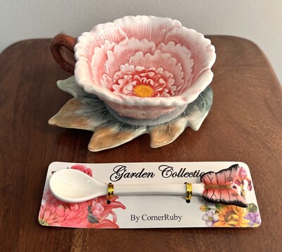Corner Ruby Garden Collection Flower Tea Cup Leaf Saucer & Butterfly Spoon NEW