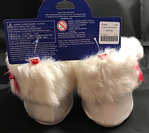 *** Build-A-Bear White Fuzzy Winter Snow Boots With Pink Bows NEW