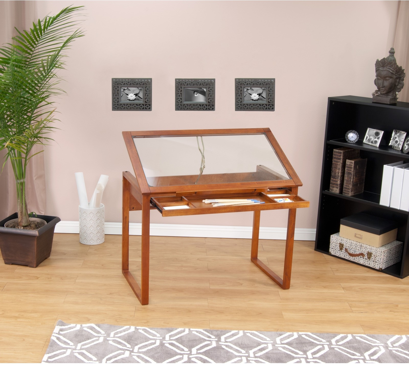 Drawing Drafting Table Art Craft Desk Storage Wood Glass Top