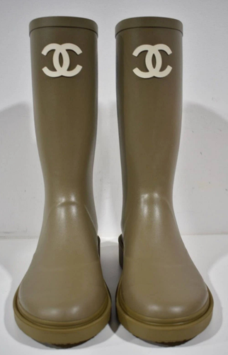 Pre-owned Chanel Rev Dark Beige Caoutchouc White Cc Logo High Pull On Rubber Rain Boots 40