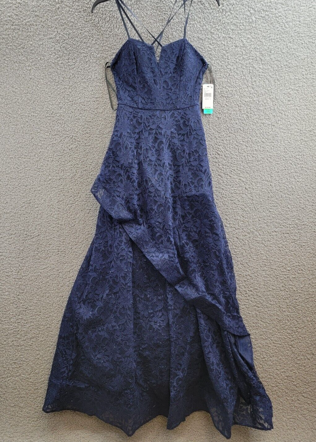 BCX Glitter Floral Spaghetti Strap Notch V-Neck Gown Juniors' 1 Navy Back Zip - Picture 2 of 16