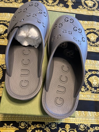 Pre-owned Gucci 100% Auth  Elea Rubber Clogs Crocs Mule Slides Gg Monogram 13 Us 13.5 In Gray