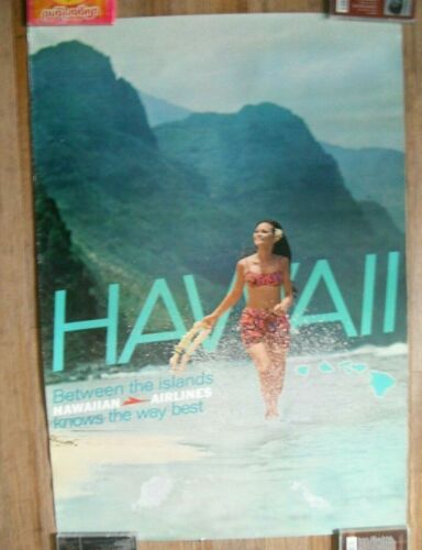 Original 1970s HAWAIIAN AIRLINES Hawaii Travel Poster Woman Swimsuit 36" x 25"