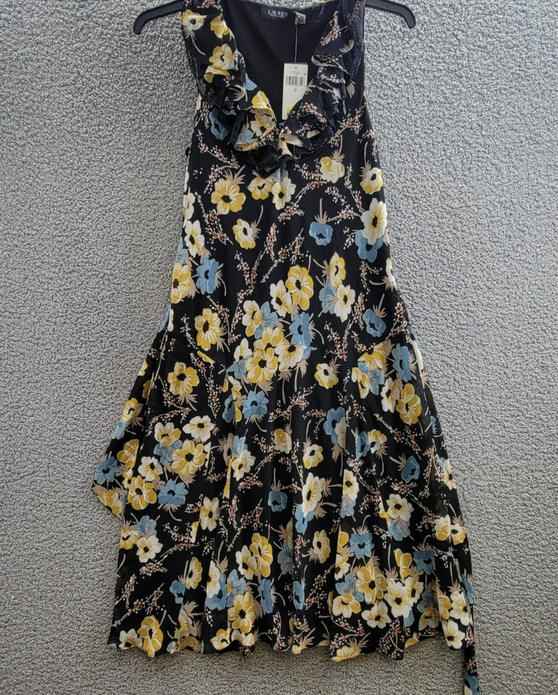 Lauren Ralph Lauren Belted Floral A-Line Dress Women's 10 Black Multi Side Zip - Picture 2 of 15