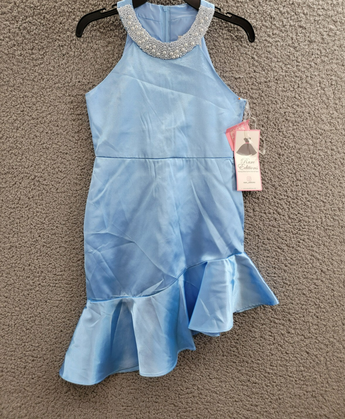 Rare Editions Sleeveless Imitation Pearl Halter Dress Big Girls 8 Blue Back Zip - Picture 2 of 17