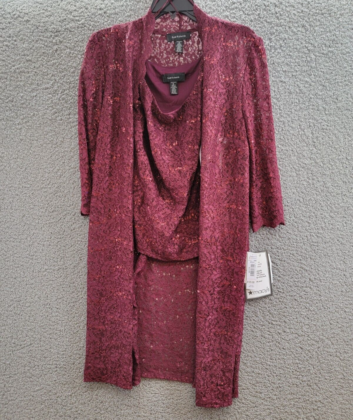 R & M Richards 3-Pc. Sequined Lace Pantsuit & Jacket Women's 6 Merlot 3/4 Sleeve - Picture 3 of 22