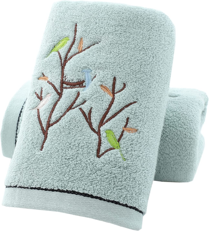 Set Of 2 Embroidered Bird Tree Pattern 100% Cotton Absorbent Soft De