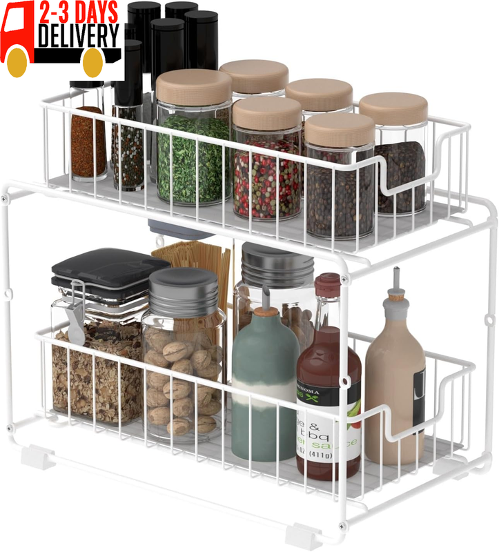 Pull-Out Sliding Drawer, 2 Tier Cabinet Organizer Metal Bask