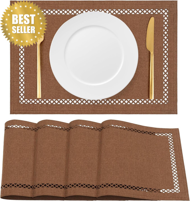 Burlap Placemats Set of 4, 12 X 18 Inch Rustic Geometric Hollow Place Mats, Wash