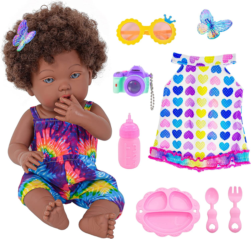 Dollbie 14 Inch Reborn Baby Dolls Black African American Baby Doll with Hair Dol