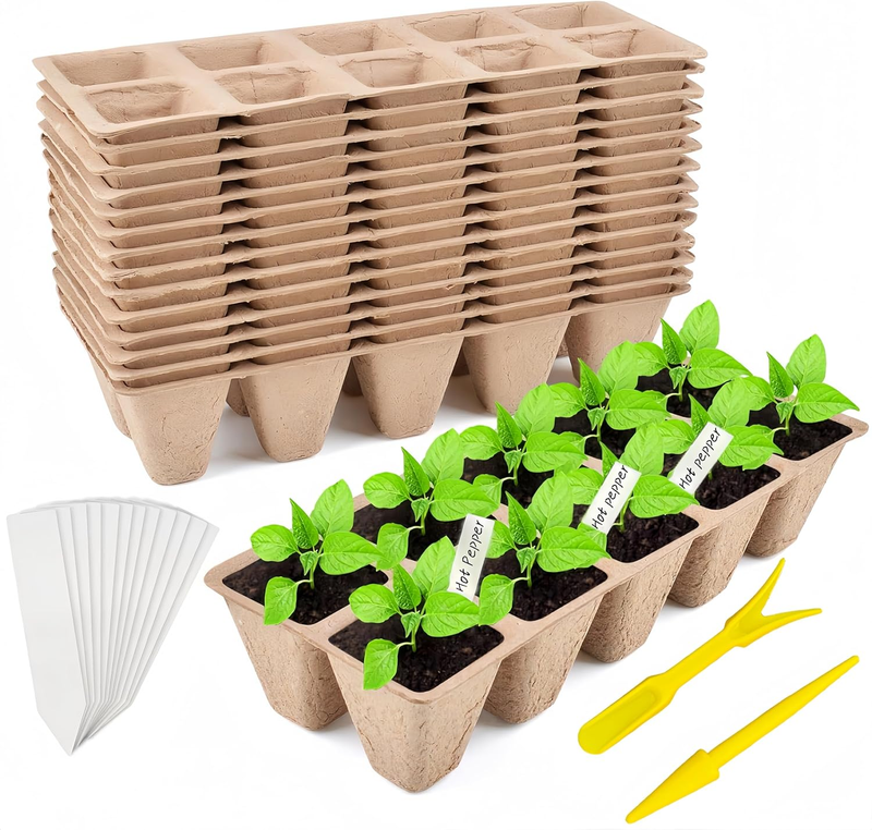 24-Pack 240-Cell Biodegradable Peat Seed Starter Trays w/ Labe...