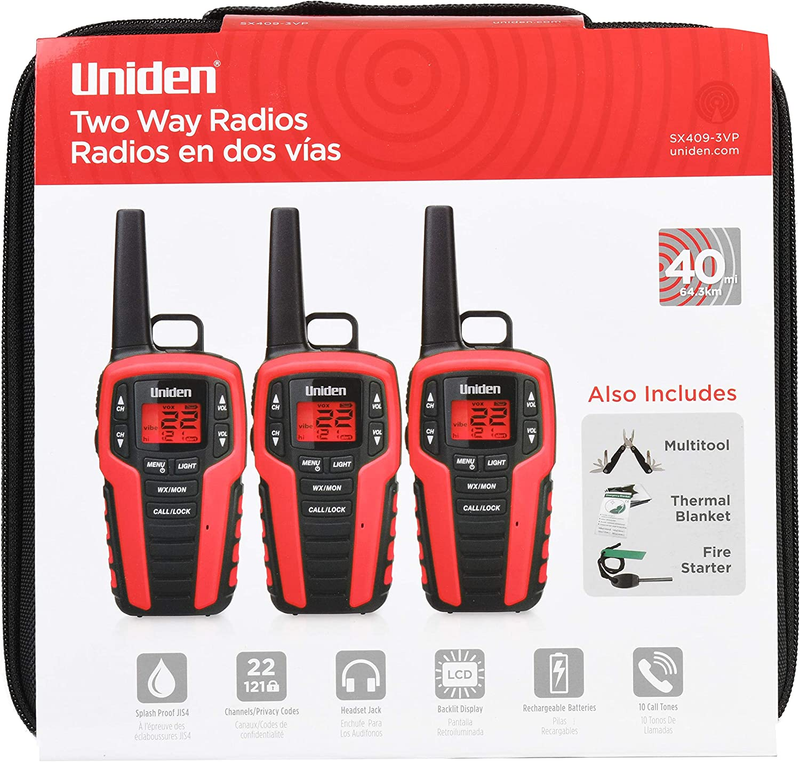 3-Pack FRS Walkie Talkies with 40 Mile Range, Flashlight, and Multitool