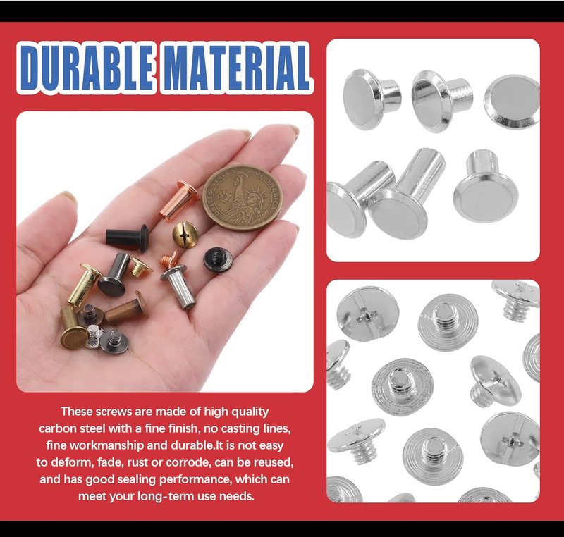 110 Sets Silver Chicago Screws Flat Head Screws Leather Rivets, Carbon Steel Rou