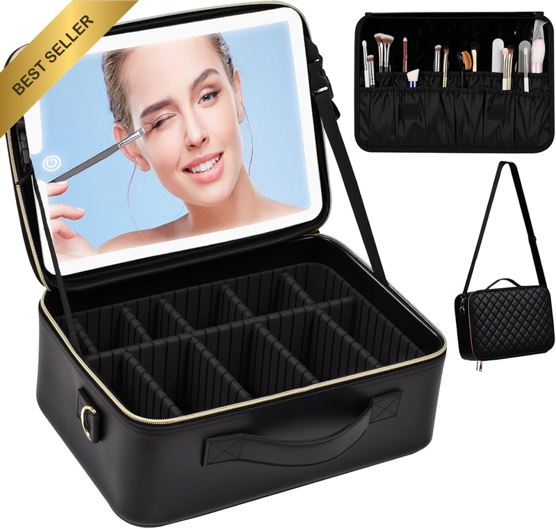 Travel Makeup Bag with LED Mirror, Cosmetic Train Case with Adjustable Compartme