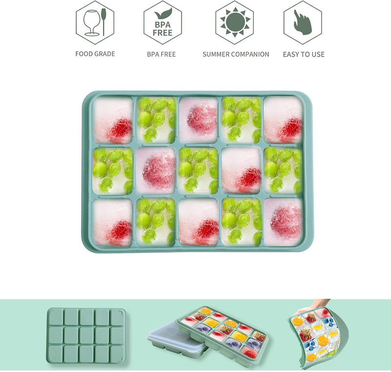 Ice Cube Trays Set of 2, Easy Release 15 Flexible Silicone Ice Cube Molds with R