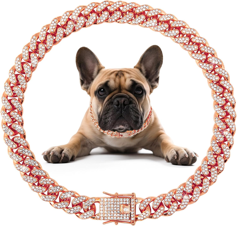 Cuban Link Dog Collar Rose Glod Crystal Dog Necklace Metal Chain Collar hiphop