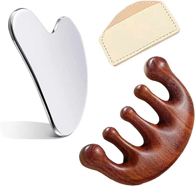 Stainless Steel Gua Sha Facial Tools, Wooden Scalp Massage Comb Set, 2 Pieces