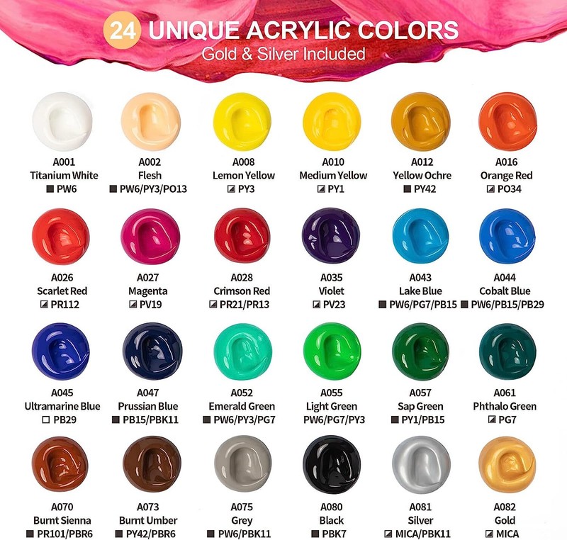 Acrylic Paint Set 24 Colors Painting Supplies with 3 Brushes 1.2 Oz/36