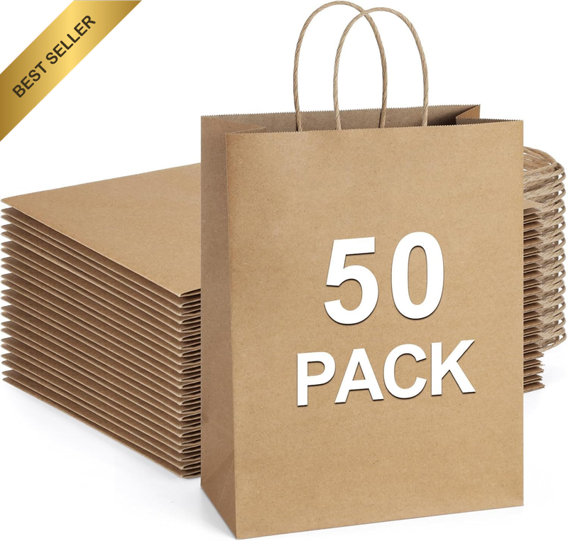 50Pcs Large Size 21 * 14 * 27Cm Natural Paper Gift Bags Kraft Paper Bags with Ha