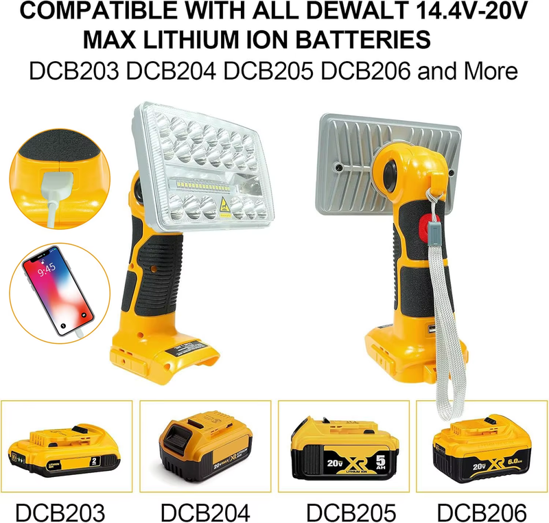 For Dewalt 20v Work Light 18W 2000LM Portable Floodlights Spotlight with USB Cha