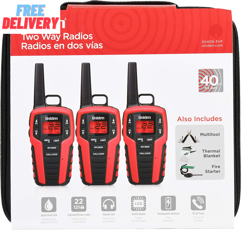 SX409-3VP, 3-Pack, FRS Two-Way-Radios, Walkie Talkies, up to 40 Mile Range, W/Ca