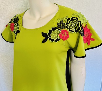 NWT CRISTINAEFFE Milano dress Size M Green/Black Trim/Appliqué Embroidery Italy