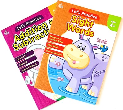 Lot of 2 Let's Practice Addition, Subtraction, Sight Words Workbooks Ages 5 - 7