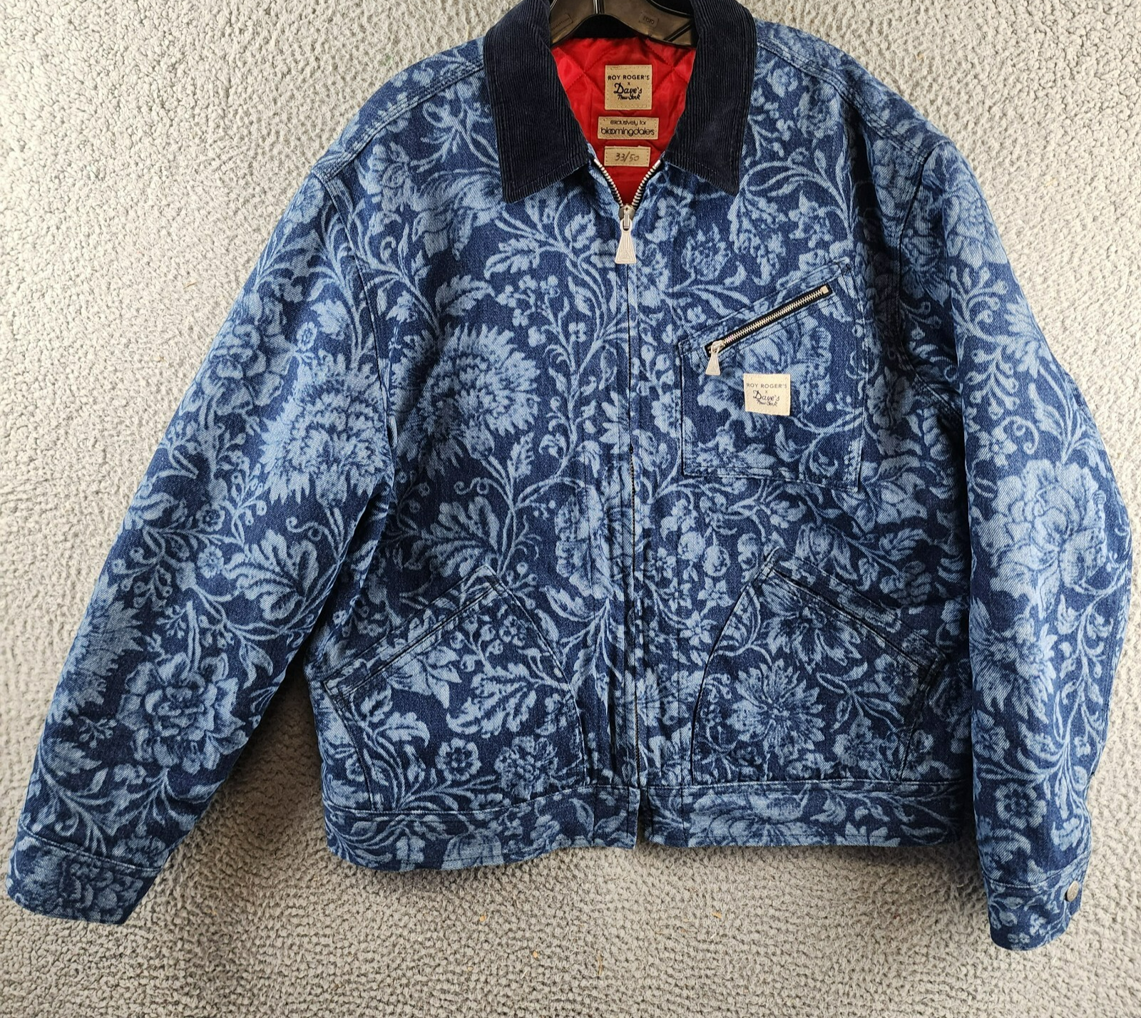 Roy Roger's x Dave's New York Zip Front Lasered Denim Jacket Men's L Blue Floral - Picture 2 of 16