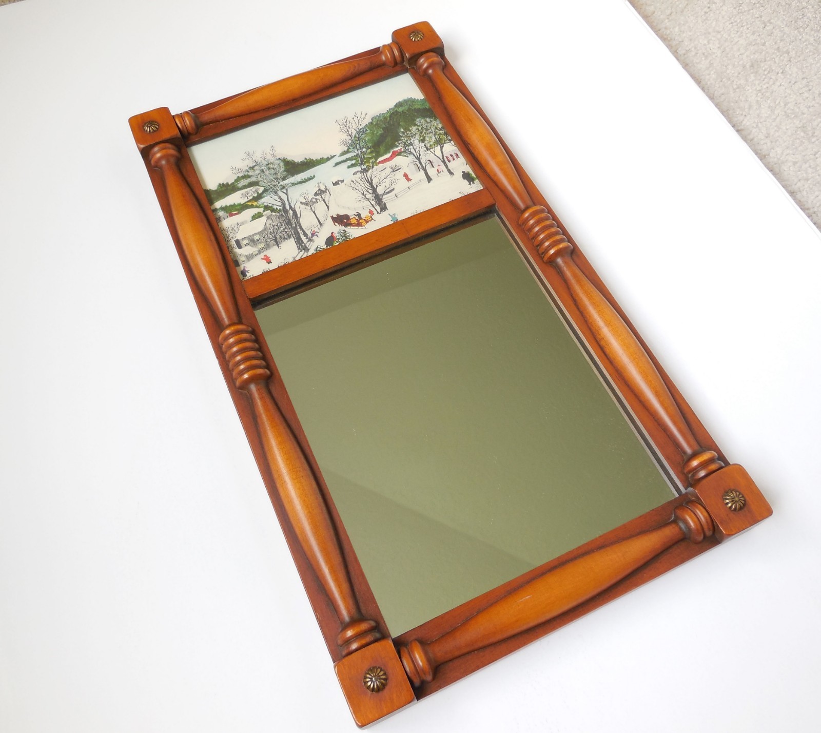 Antique Solid Wood Wall Mirror Federal Colonial Frame Grandma Moses Winter Print