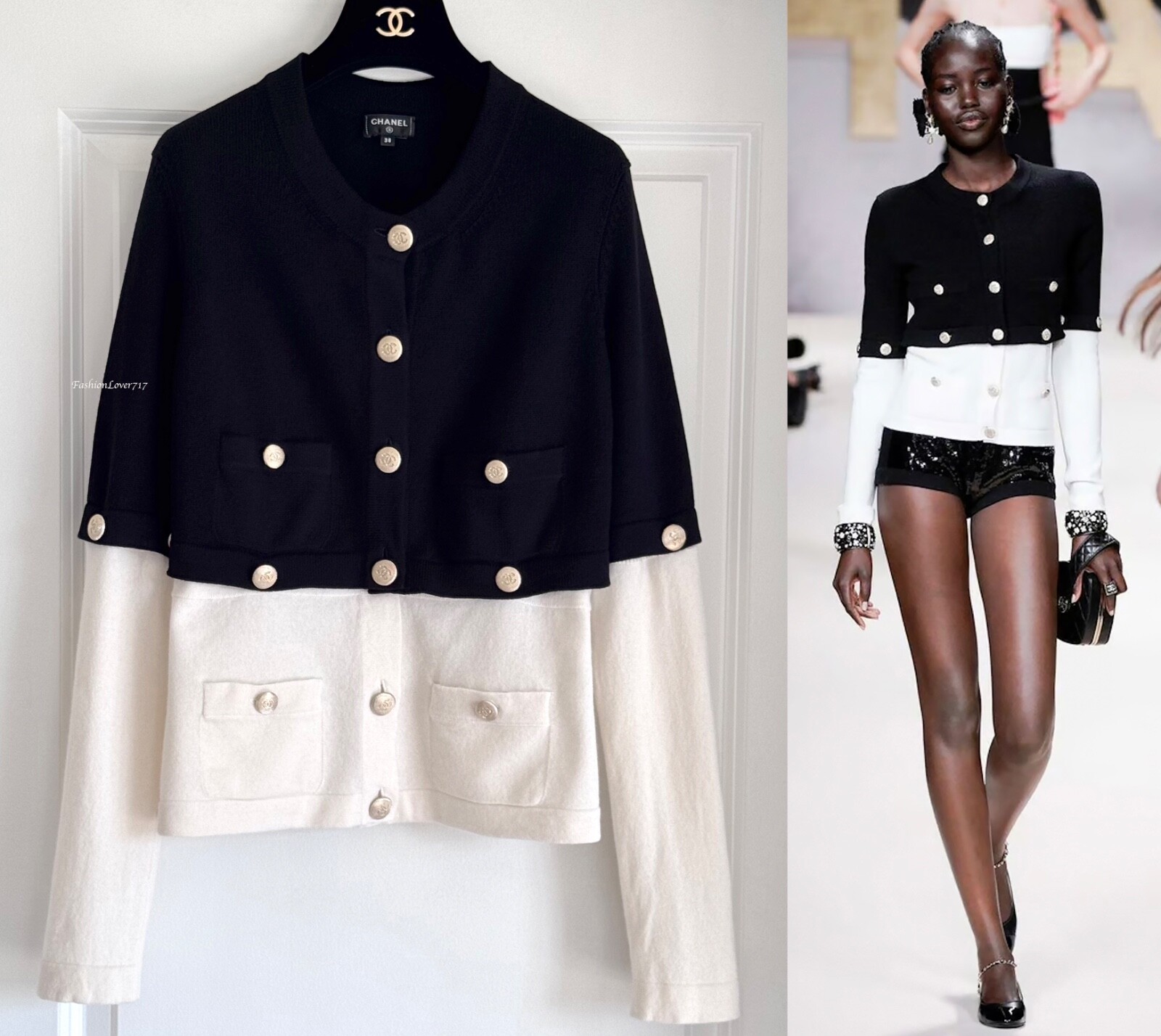 22S RUNWAY CHANEL GOLD CC BUTTON BLACK WHITE CASHMERE 2 in 1