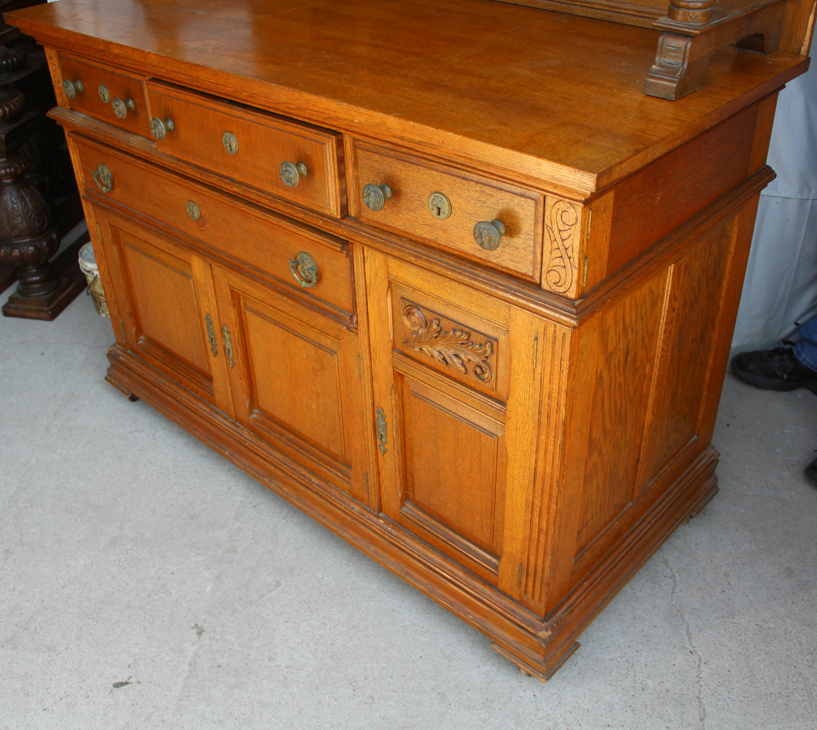 Antique Oak Sideboard Buffet – Hidden iron strong box in drawer